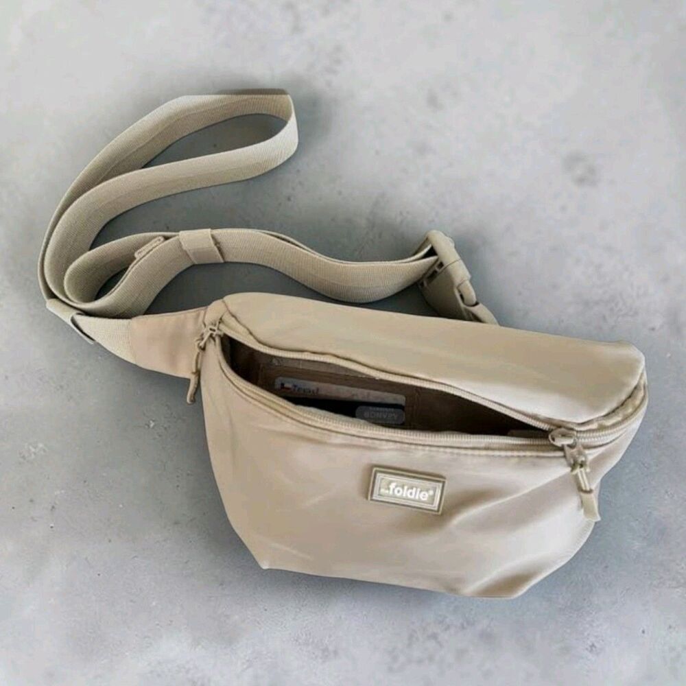 the Foldie RFID Blocking Packable Zip Waist Pack Beige Nylon 2 Pockets Travel